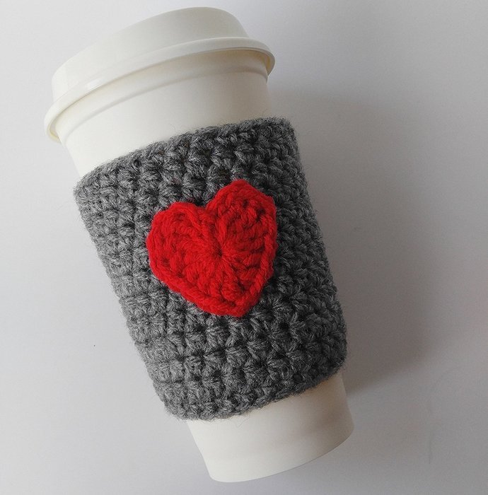 Coffee Sleeve, Coffee Cozy Grey with Red Heart Applique N3