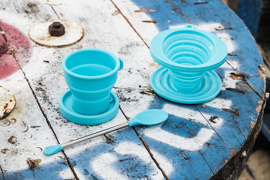 Brooklyn Ice Company - Collapsible Coffee Silicone Set - 5 Ounce Cup, Cone Filter, Spoon in Blue N3