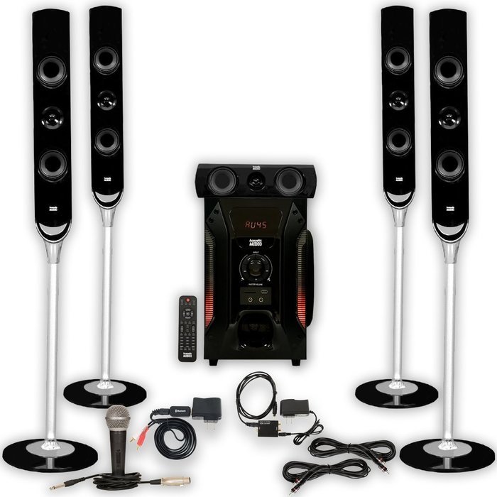 Acoustic Audio AAT1000 Tower 5.1 Speakers with Bluetooth Optical Input Mic and 2 Extension Cables N2