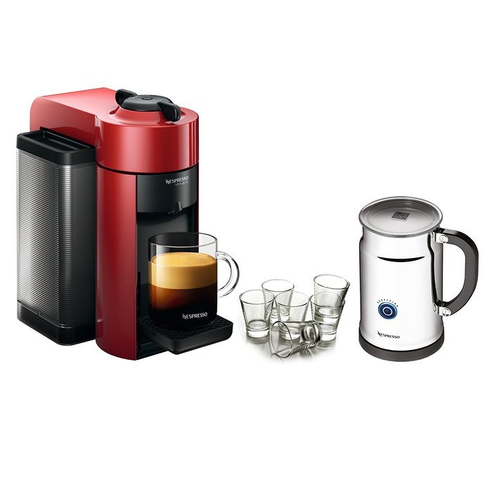Nespresso VertuoLine Evoluo Cherry Red Coffee and Espresso Maker Bundle with Aeroccino Plus and Free Set of 6...