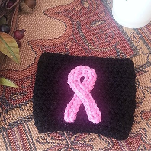 Crochet Coffee Sleeve Black with Pink Ribbon Breast Cancer Awareness N3