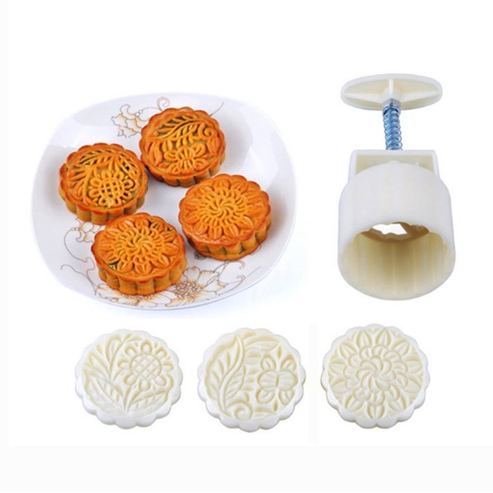 4 Sets Mid-Autumn Festival Party DIY Moon Cake Mold With 12pcs Mode Stamps(White)