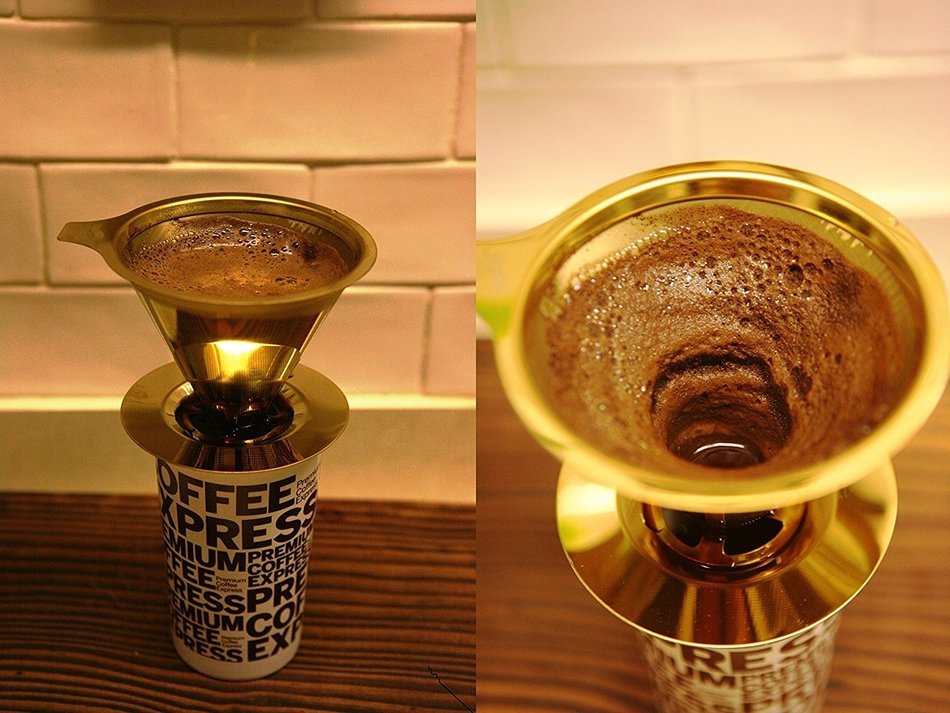 EXPERTO Titanium Coated Gold Pour Over Cone Dripper, Reusable Stainless Steel Coffee Filter with Cup Stand N2