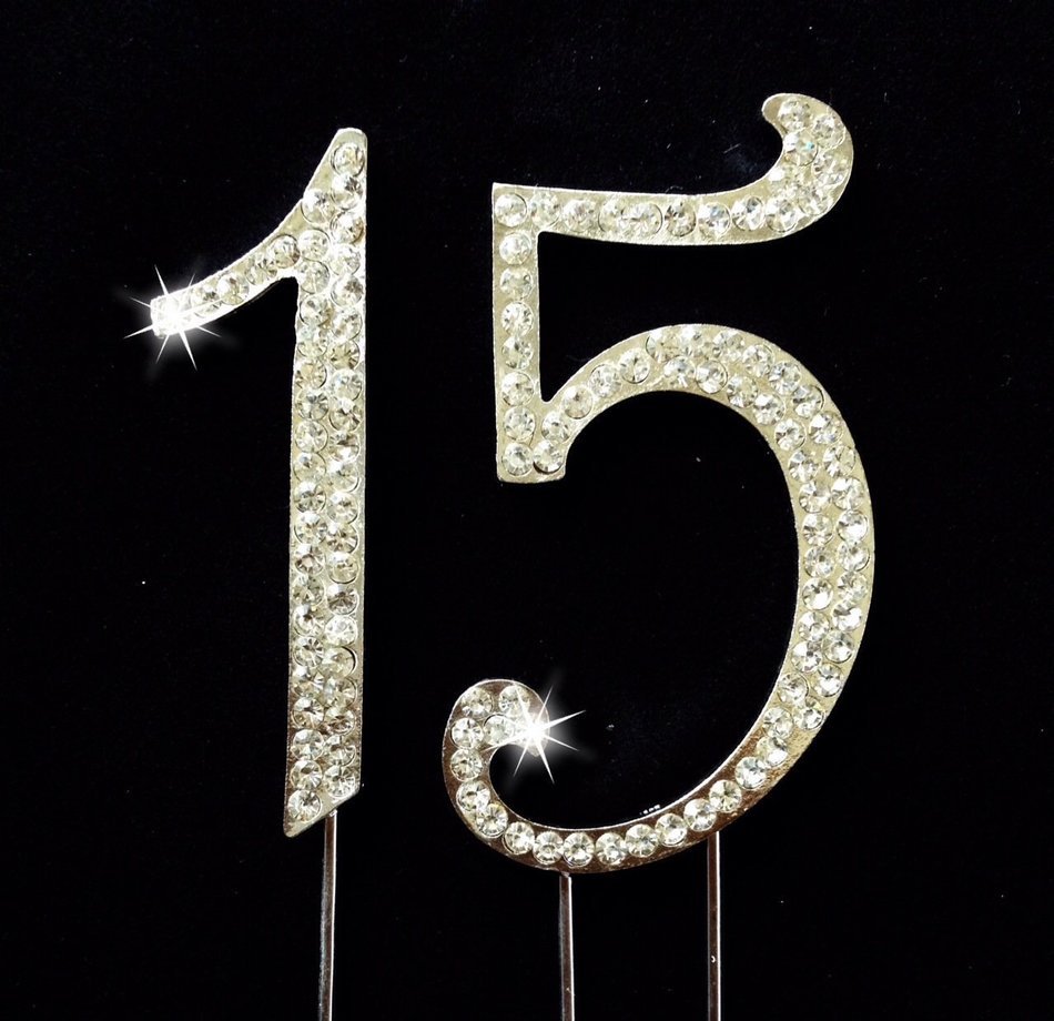 15th Birthday / Wedding Anniversary Number Cake Topper with Sparkling Rhinestone Crystals - 2.75