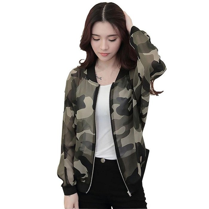 Morecome Women Stand Collar Long Sleeve Zipper Camouflage Printed Jacket N8