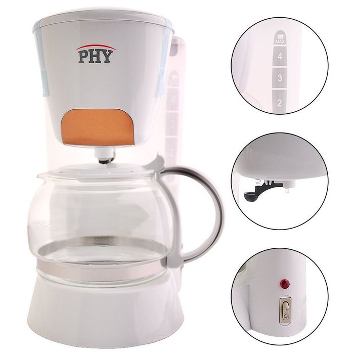 PHY Coffeemaker with Glass Carafe, Permanent Filter and Semi Transparent Water Tank (Orange) - 4-Cup/0.6L N11