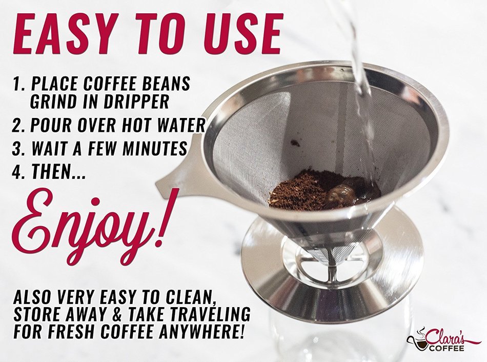Pour Over Coffee Filter Dripper -- The Stainless Steel Designed Cone Drip Brewer Has A Double Mesh Metal Filter... N6