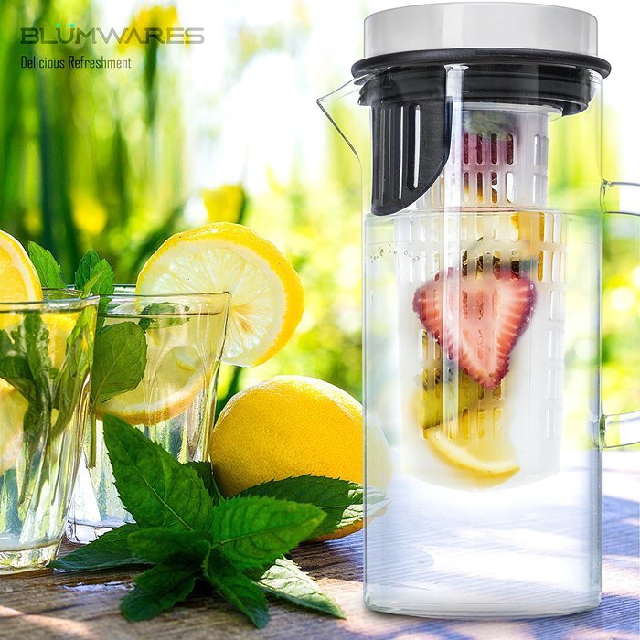 Bl&uuml;mwares Glass Pitcher with Infusion Core & Airtight Stainless Steel Lid | Holds 1 Liter N7