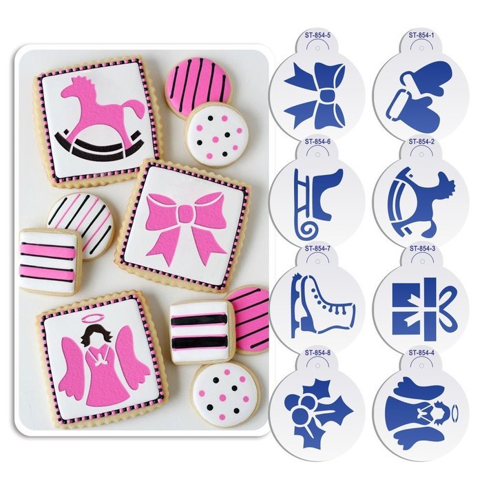 ART Kitchenware 8pcs Christmas Cookie Stencil Set Icing Royal Stencil Tool Gloves, Gift Box,Sleigh,Wooden Horse... N3