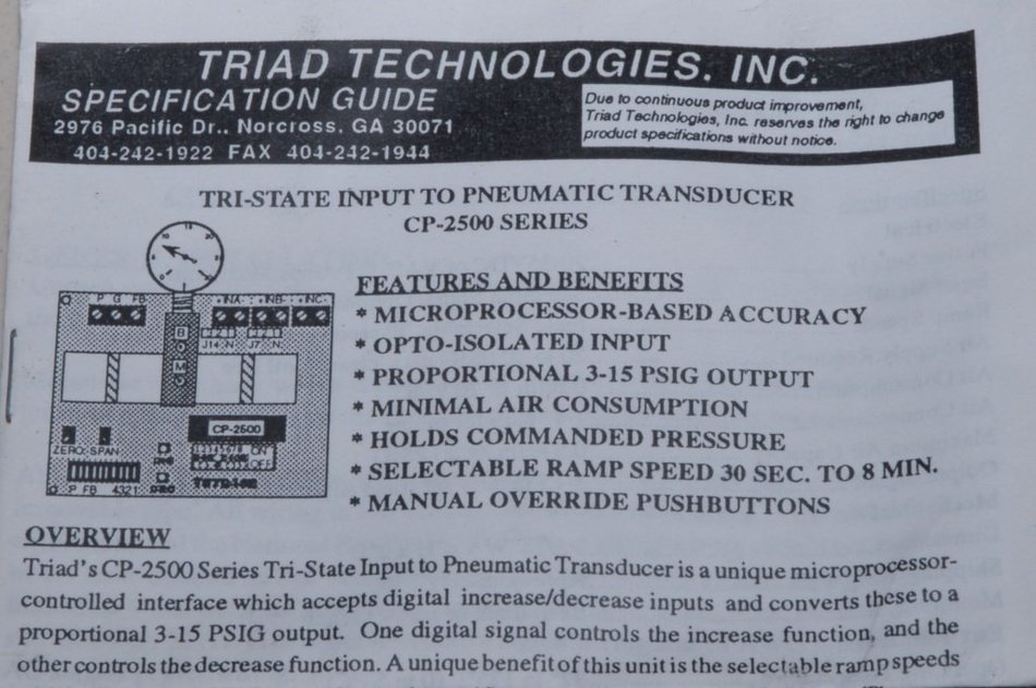 Triad Technologies Tri-State Input to Pneumatic Transducer CP-2500 series