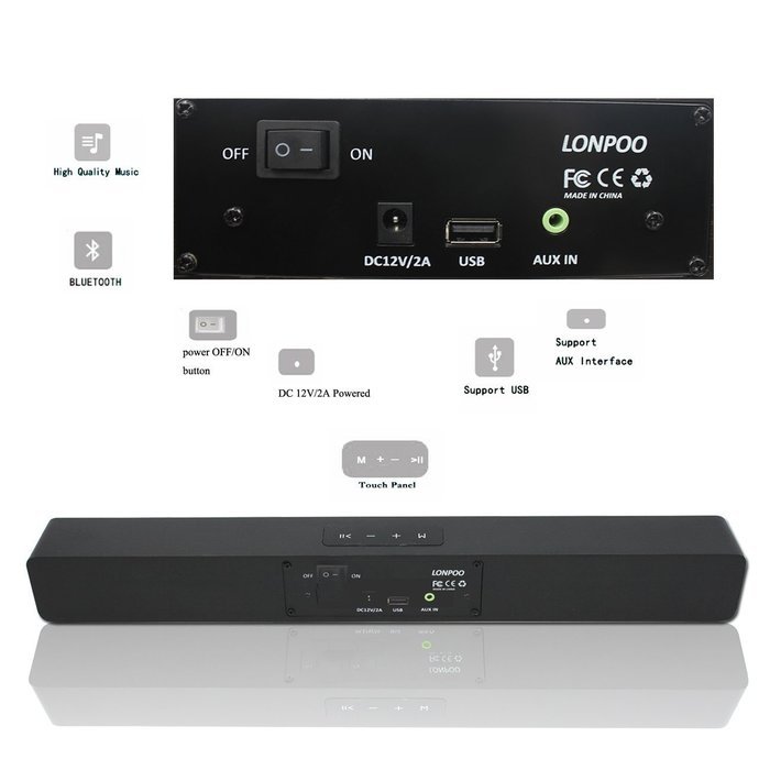 LONPOO 2.0 Ch Bluetooth Wooden Soundbar With Touch Screen Keys Support USB/AUX For LED TV/Smartphone/Computer/... N9