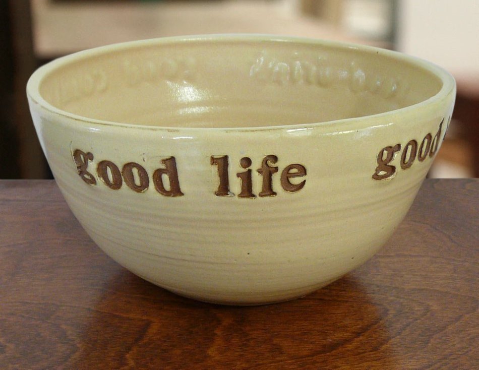 Good Food Good Life Bowl, Ceramic Pottery 3-quart Mixing or Serving Bowl, 9" Diameter N2