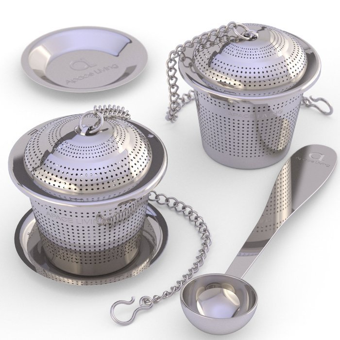 Apace Living Loose Leaf Tea Stainless Steel Strainer (Set of 2) with Tea Scoop and Drip Trays, Medium N4