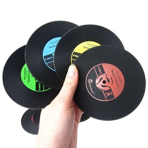 Retro CD designed non-slip silicone beverage coasters cup of coffee here N3