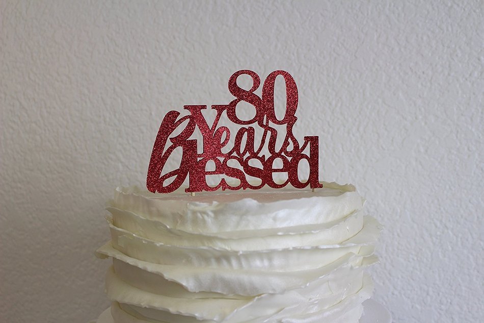 All About Details Red 80-Years-Blessed Cake Topper N2