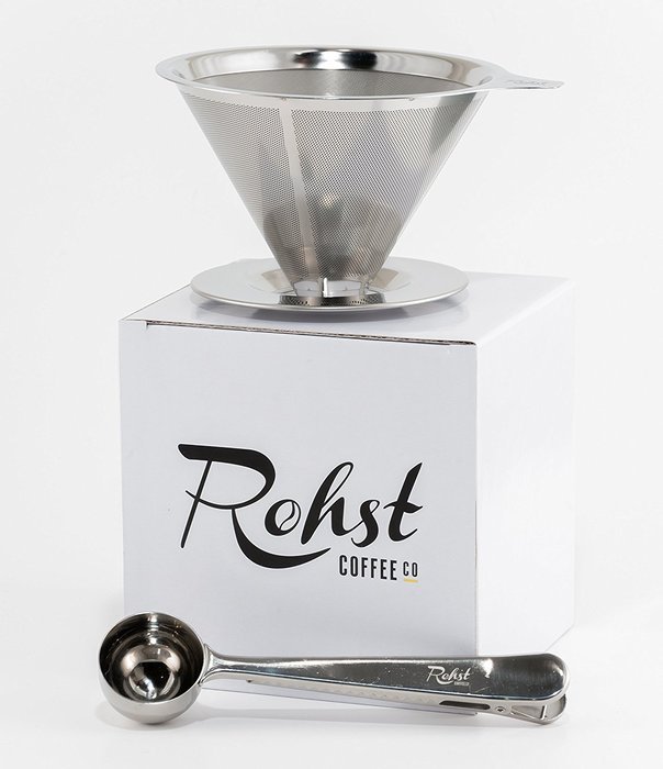 Rohst Reusable Pour Over Coffee Dripper - Paperless Stainless Steel Filter with Scoop and Bag Clamp Combo N6