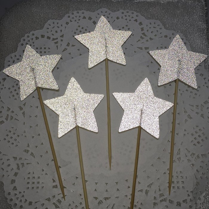 TooMeeCrafts 12 Large Star Topper Silver Glitter Star Wand Cake Topper Cupcake Topper Wedding Cupcake Toppers