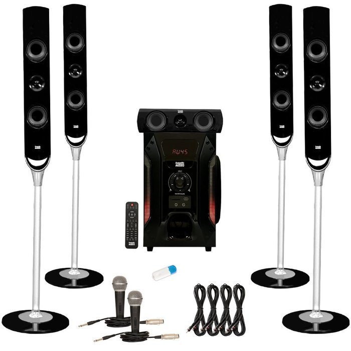Acoustic Audio AAT1000 Tower 5.1 Speaker System with USB Bluetooth 2 Mics and 4 Extension Cables
