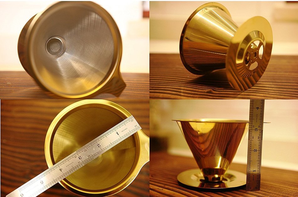 EXPERTO Titanium Coated Gold Pour Over Cone Dripper, Reusable Stainless Steel Coffee Filter with Cup Stand N3