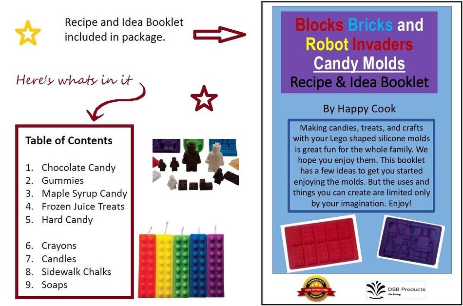 Lego Chocolate and Candy Molds, 6pc Deluxe Set of Various Sized Bricks and Lego Men / Robots, for Gummies, Hard... N5