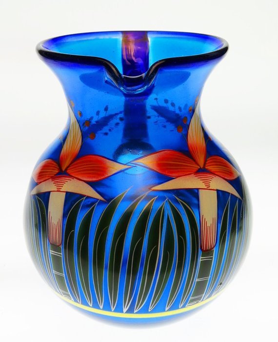 Mexican Glass Bola Pitcher, Hand Painted with Orchid Design 128 Ounces
