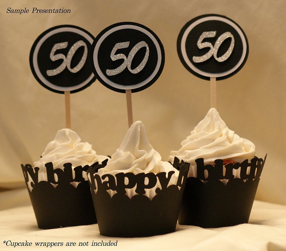 All About Details Black & White 50 Cupcake Toppers, Set of 12