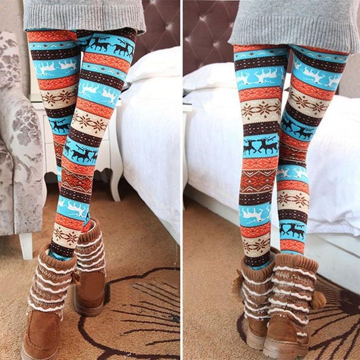 PHOTNO Skinny Xmas Stripe Snowflake&Reindeer Stretchy Pants Leggings N5