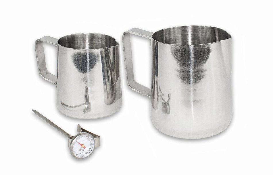 2dayShip Commercial Stainless Steel Frothing Pitcher Set with Thermometer (12 Once and 20 Ounce Frothing Pitchers) N4