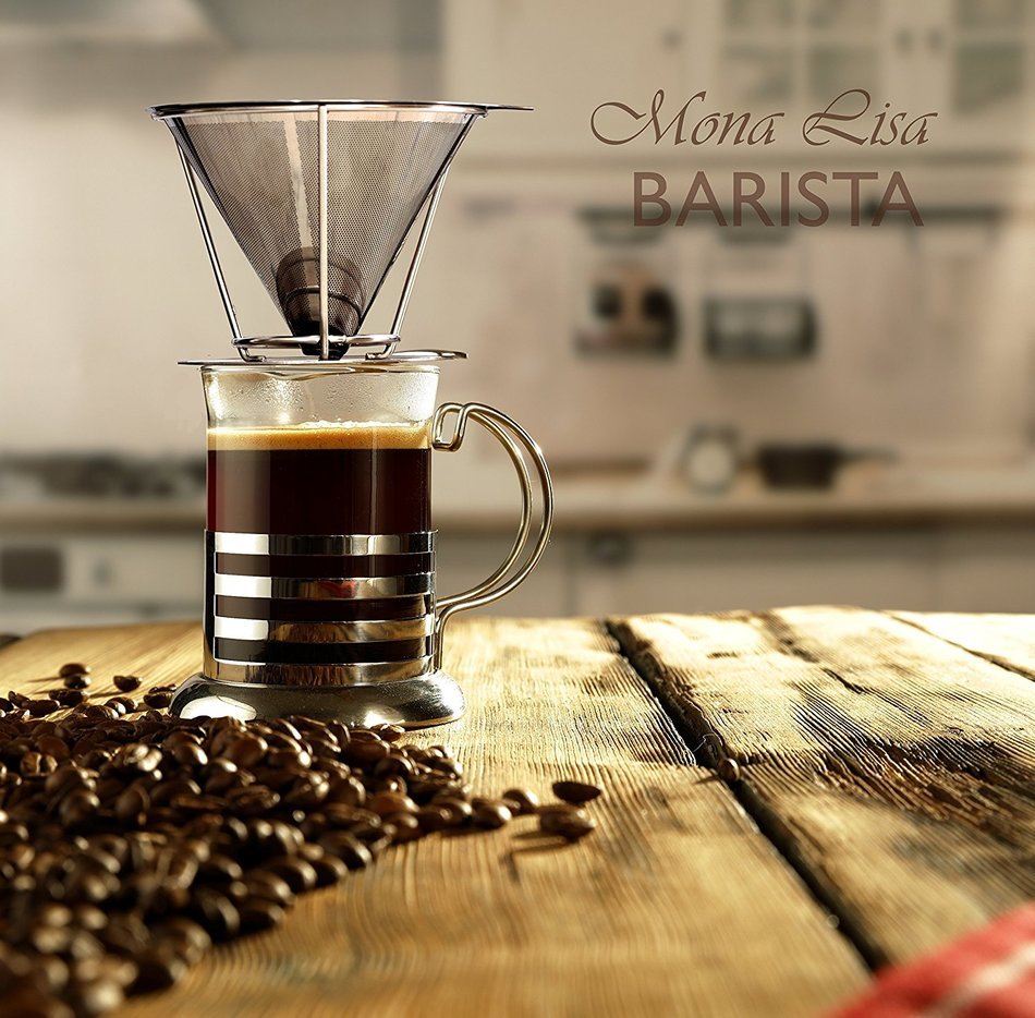 Mona Lisa Barista Pour-Over Coffee Dripper - The Reusable Stainless Steel Coffee Filter Cone and Stand (1-2 Cup... N4