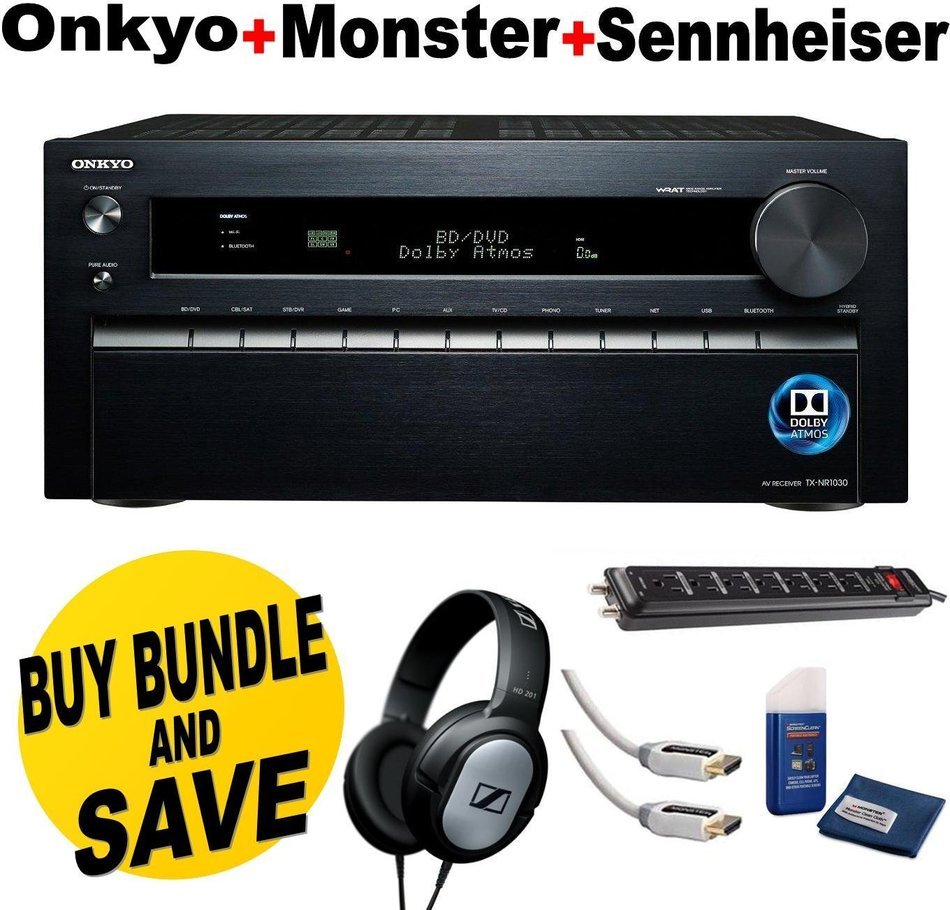 Onkyo TX-NR1030 9.2-Ch Dolby Atmos Ready Network A/V Receiver w/ HDMI 2.0 + Sennheiser HD201 Lightweight Over-Ear...