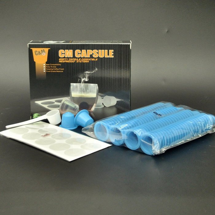 CM Caspule -100Pc Empty Capsule Compatbile Nespresso +100PC aluminium lids - Fillable Tea or Coffee (Blue)