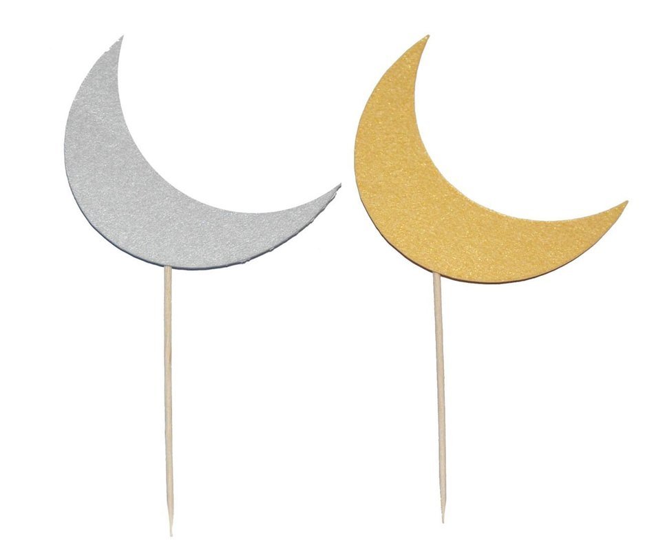 Zaffron Silver and Gold Mix Crescent Moon Cupcake Toppers and Party Picks (12 pack) N2