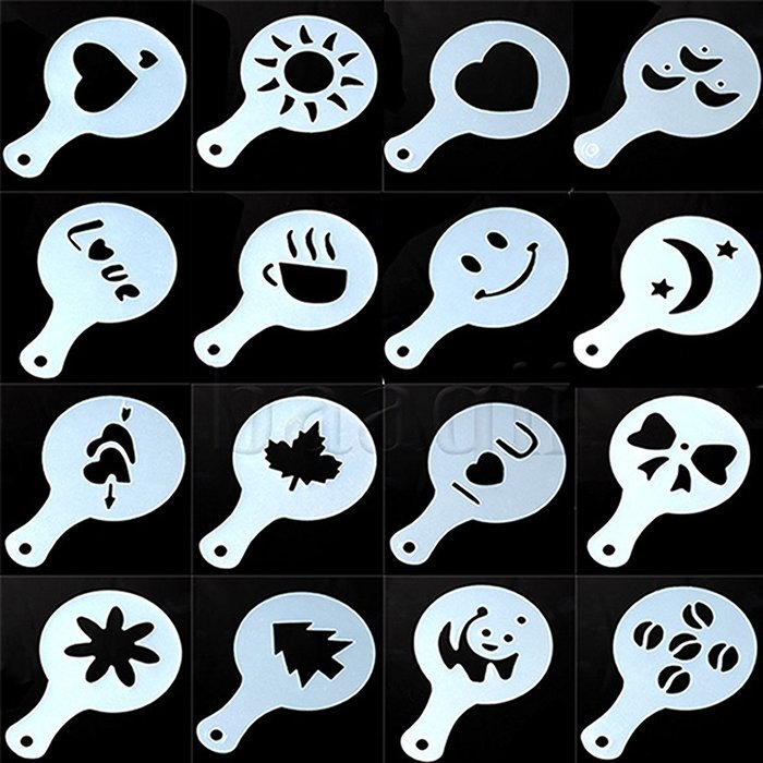 16 x Cappuccino Coffee Stencils Template Strew Flowers Pad Duster Spray N5