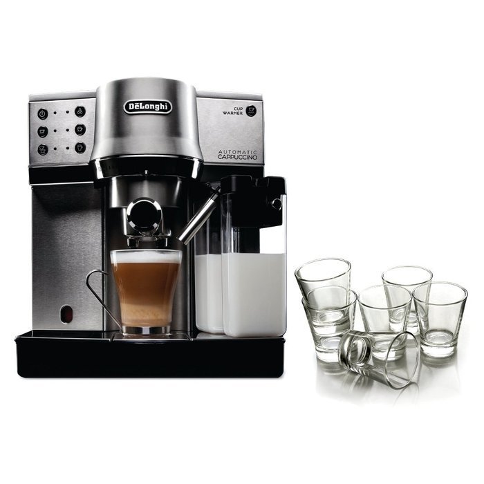 DeLonghi Brushed Stainless Steel Pump Espresso and Cappucino Maker with Free Set of 6 Italian Espresso Shot Glasses