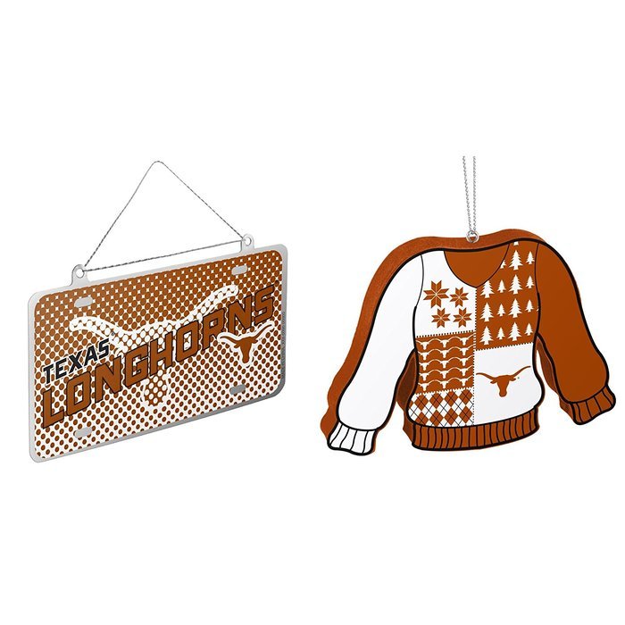 NCAA Texas Longhorns Metal License Plate Christmas Ornament Foam Ugly Sweater Bundle 2 Pack By Forever Collectibles