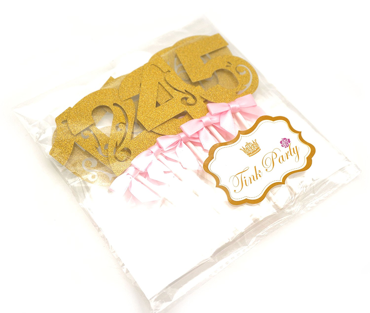 Gold Glitter Numbers 0-9 Cake Toppers with Pink Bows - for Birthday ...