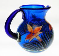 Mexican Glass Bola Pitcher, Hand Painted with Orchid Design 128 Ounces N3