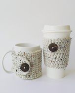 Coffee Mug &amp; Travel Cup Cozy Set Rustic Aran Oatmeal N2
