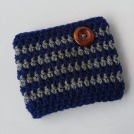 Coffee Sleeve Navy and Grey Stripe Wooden Button