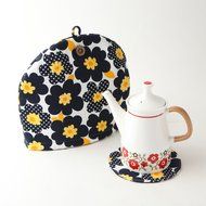 Northern European Style Navy Blue Flowered Cotton Cloth Tea Cozy with Teapot Coaster Handmade by Japanese Craftsman... N2