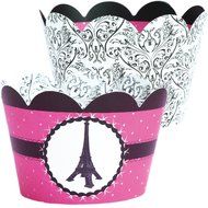 Paris Themed Cupcake Wrappers, Black and White Damask, Confetti Couture Party Supplies, 36 Wraps N7