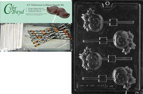 Cybrtrayd 45StK50H-H109 Pumpkin Lolly Halloween Chocolate Mold with Lollipop Supply Kit