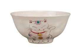 Kutani Pottery Rice Bowl Beckoning cat K4-285 From Japan