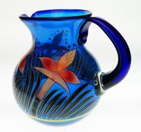 Mexican Glass Bola Pitcher, Hand Painted with Orchid Design 128 Ounces N5