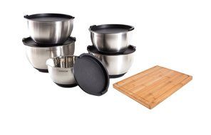 PriorityChef 5 Piece Mixing Bowl Set &amp; Bamboo Chopping Board Bundle, Perfect Wedding or Housewarming Gift for...