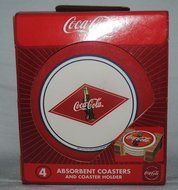Coca-Cola Brand Stoneware Coasters Set Of 4 In Wooden Base. Includes (1) each of 'Fanta', 'TAB', 'Coke and 'Sprite' N2