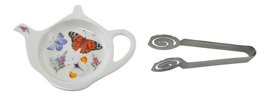 Roy Kirkham Bone China Butterfly Tea Bag Tidy and Stainless Steel Tea Bag Squeezer