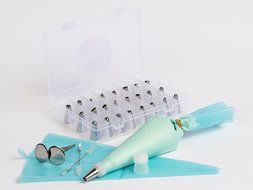 33 Piece Frosting Set: 24 Icing Tips, 2 Reusable Silicone Piping Bags, 2 Plastic Couplers, 2 Cleaning Brushes,... N4