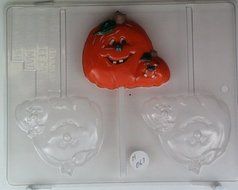 Large smiling pumpkin w/ round nose &amp; small pumpkin next to it H067 Halloween Chocolate Candy Mold
