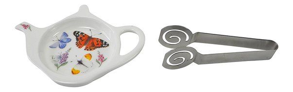 Roy Kirkham Bone China Butterfly Tea Bag Tidy and Stainless Steel Tea Bag Squeezer N2